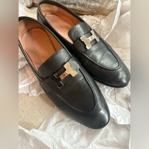 EUC Hermes Leather Loafers shoes silver H Buckle 36 6 5.5